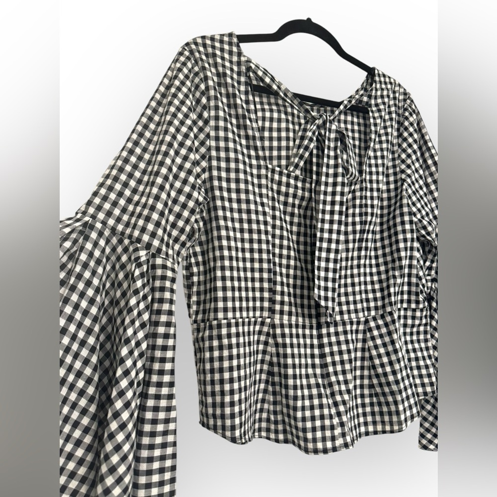 (SOLD) NANETTE LEPORE Gingham Bell-Sleeve Top, Large, Black/White - Picture 11 of 13